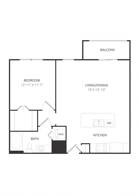 Floor plan for 1 bed, 1 bath, 796 sqft